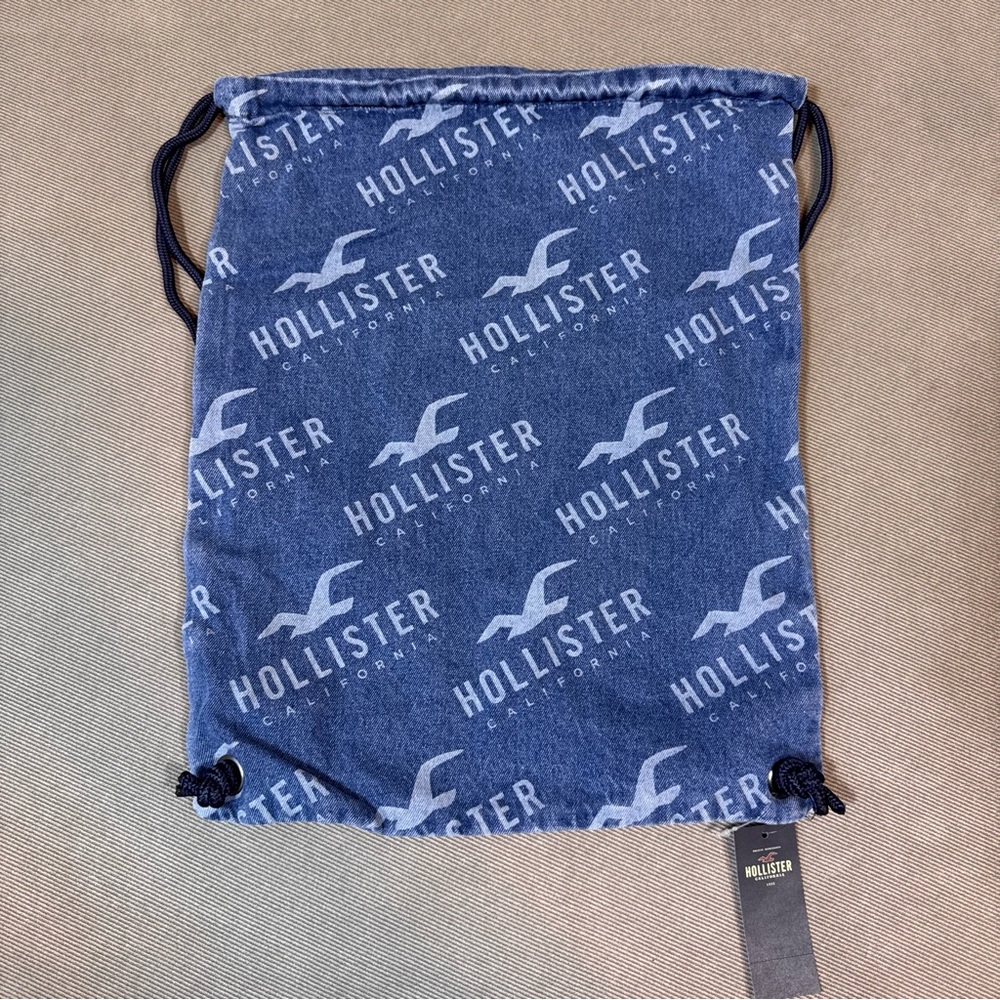 NWT Y2K Style Hollister Denim Jean Drawstring Bag Backpack with Logo
